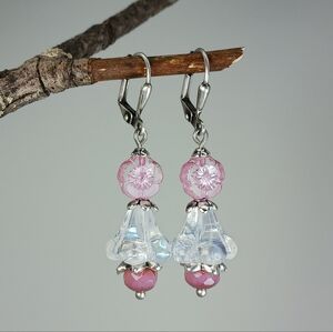 HAND CRAFTED Pink Artisan Glass Flower Earrings Dangle Boho Vintage Style